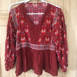 Red Floral Geometric Print Peplum Top from Spool No 72 - Sz M